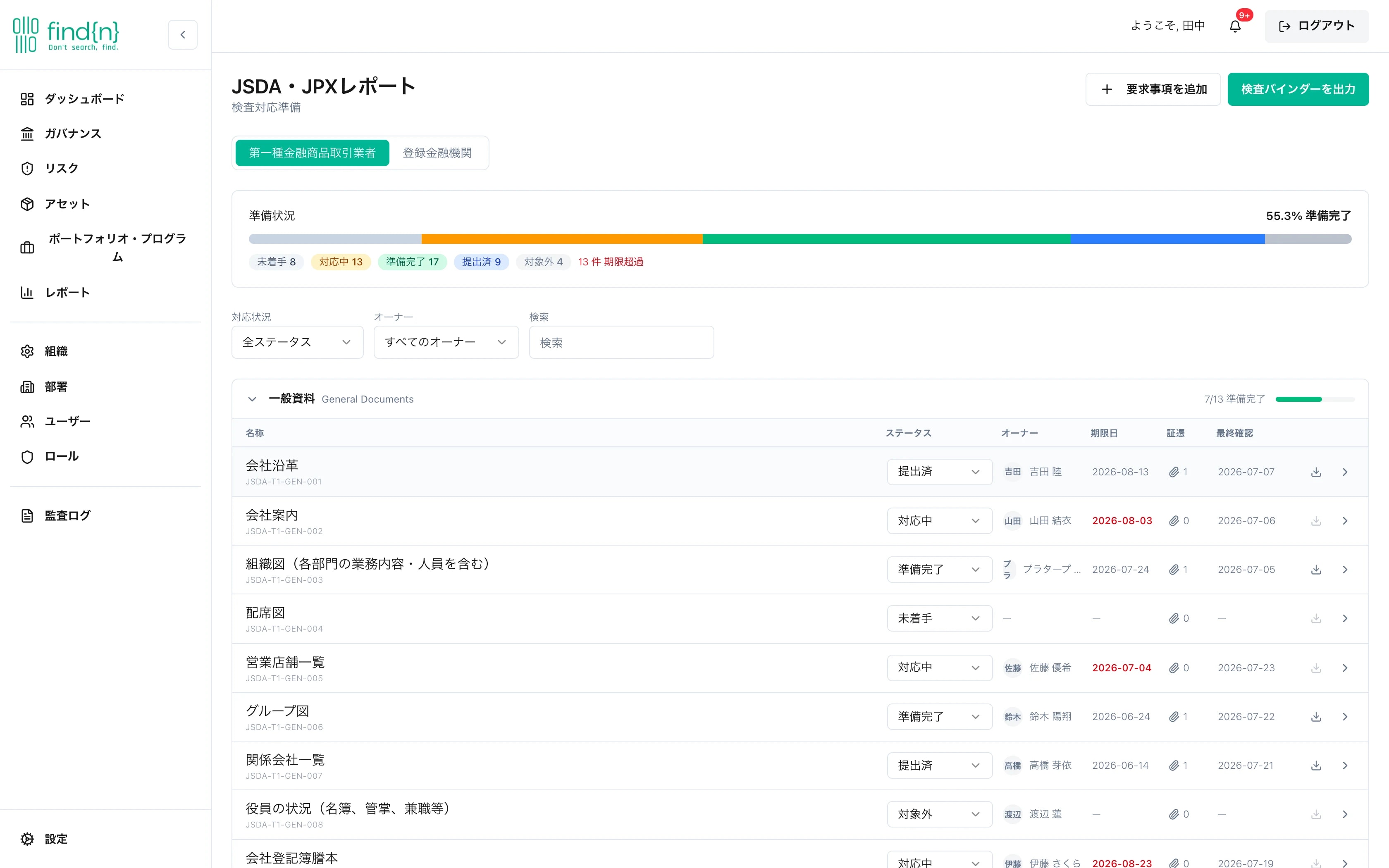 findn 検査対応レディネス画面（実画面）